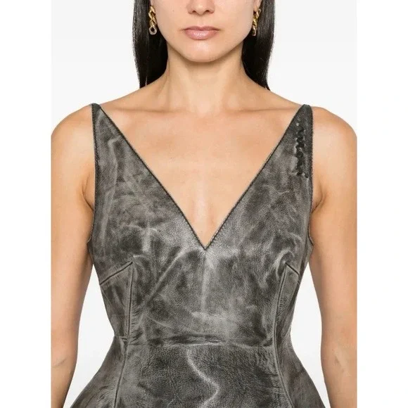 Marni Women's 40 Calf Leather Flared Mini Dress Lined Grey Washed Gorgeous - New - Picture 4 of 16